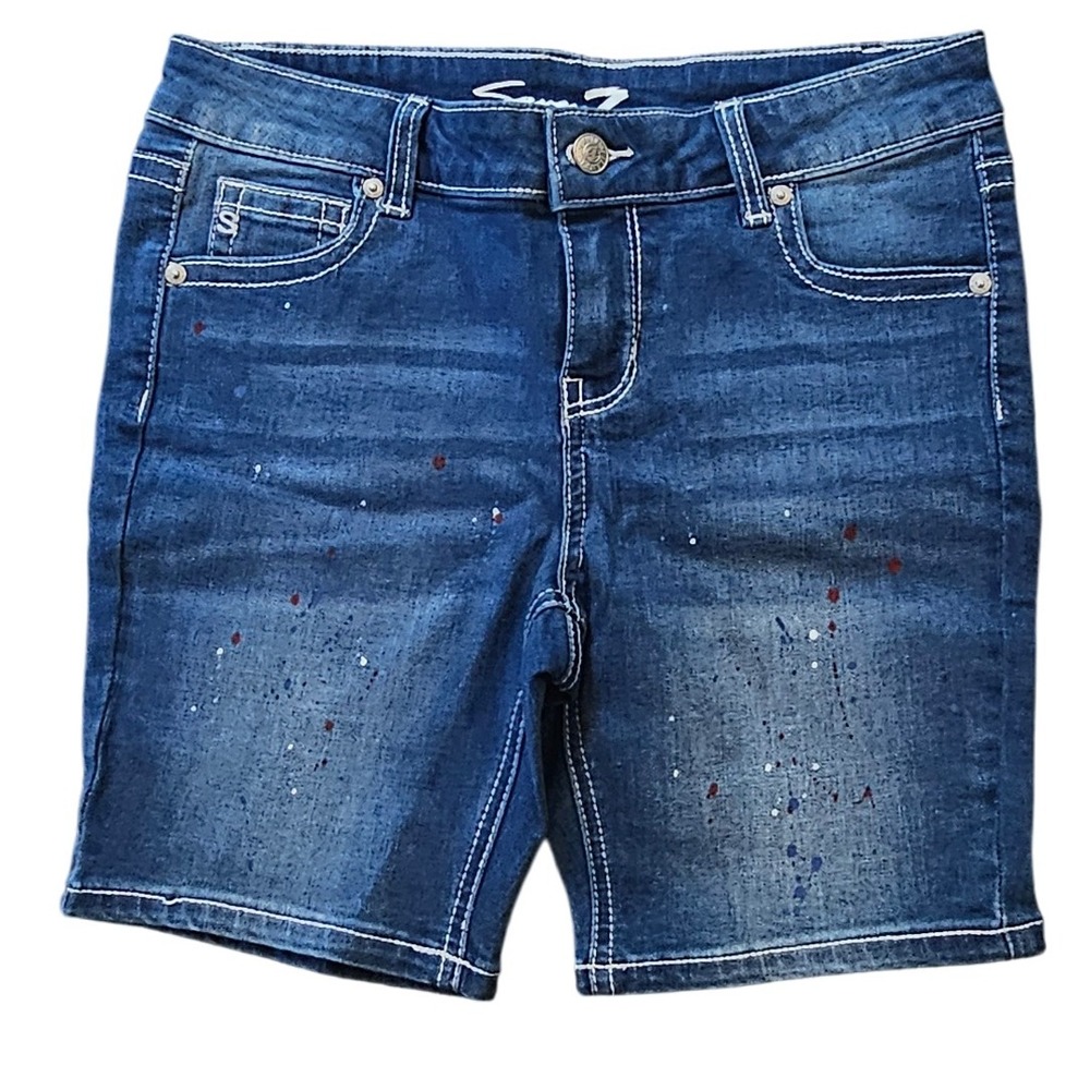 Seven7 Est 1964 Denim Shorts Size 14 Blue Distressed Paint Splatter